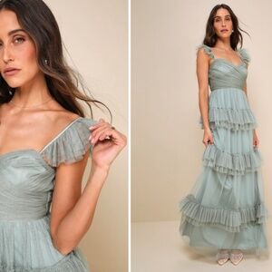 Lulu's Elegant Ruffled Maxi Dress in Soft Green